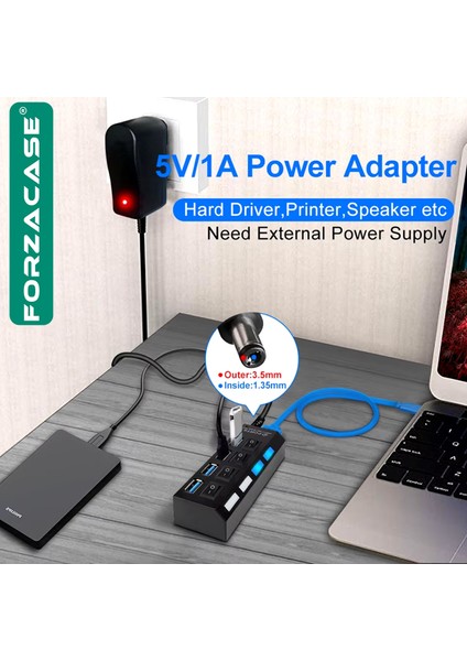 Işıklı Düğmeli 4 Port USB 3.0 Port Çoğaltıcı Hub Switch - FC800