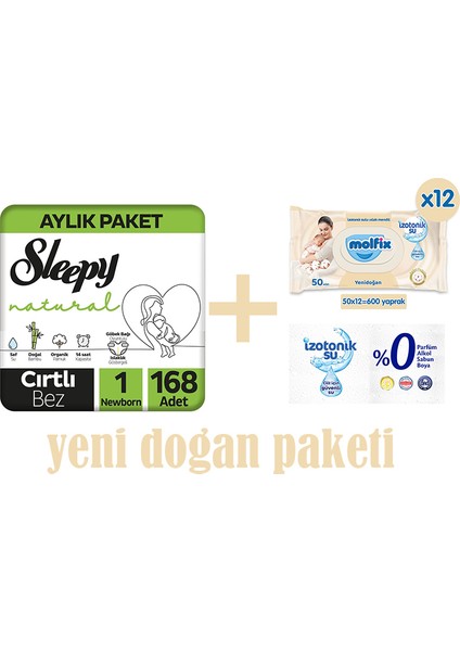 Natural Aylık Paket Bebek Bezi 1 Numara Yenidoğan 168 Adet + Molfix Izotonik Islak Mendil Ferah Temizlik 720 Adet