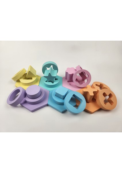 Boyalı Montessori Doğal Ahşap Eğitici Oyuncak Pastel Blok Puzzle 6'lı Set