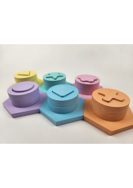 Boyalı Montessori Doğal Ahşap Eğitici Oyuncak Pastel Blok Puzzle 6'lı Set