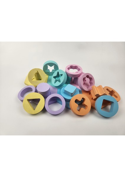 Boyalı Montessori Doğal Ahşap Eğitici Oyuncak Pastel Blok Puzzle 6'lı Set