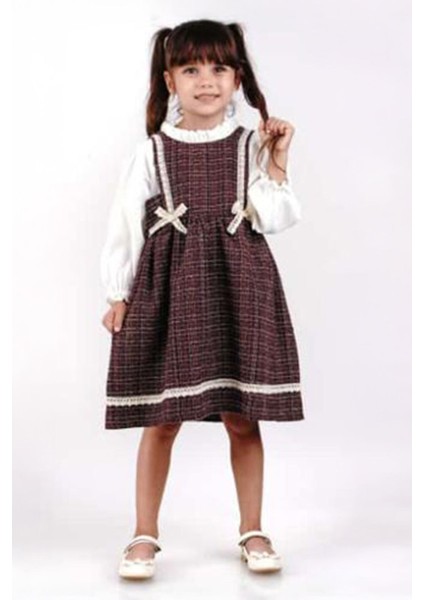 Tuvit Ekose Yaka Roba Fistolu Kız çocuk elbise - Bordo