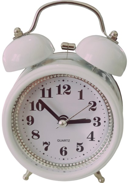 Masa Saati Çıngıraklı Zilli Metal Çalar Saat Beyaz