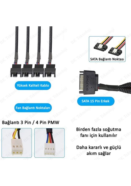 15 Pin Sata To 4 x 3pin-4pin Pmw 12V Pc Kasa Fanı Güç Adaptör Kablosu