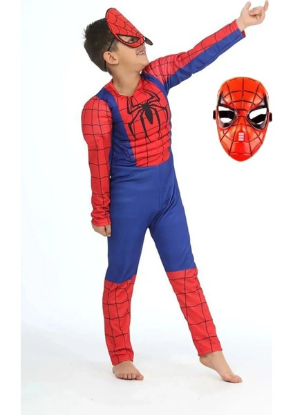 Spiderman Kostümü Kaslı Çocuk 2 Maskeli Örümcek Adam Kaslı Kostümü Maskeli Parti Kıyafeti