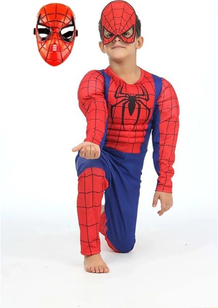 Spiderman Kostümü Kaslı Çocuk 2 Maskeli Örümcek Adam Kaslı Kostümü Maskeli Parti Kıyafeti