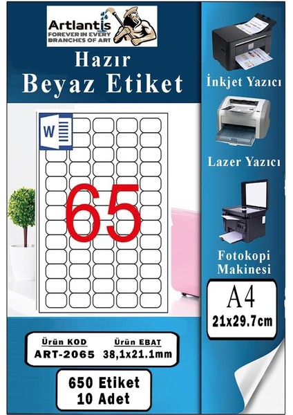 A4 Hazır Etiket 38.1X21.2 mm 10 Sayfa 1 Paket 65 Li Kendinden Yapışkanlı Fotokopi Lazer Inkjet Kağıdı Yazıcılar Için Uyumlu