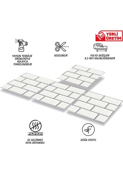 Kendinden Yapışkanlı Büyük Beyaz Koyu Derzli Metro Desenli Pvc Karo 30X30 cm (11 Adet) 1m2