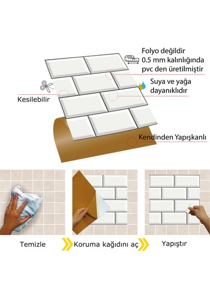 Kendinden Yapışkanlı Büyük Beyaz Koyu Derzli Metro Desenli Pvc Karo 30X30 cm (56 Adet) 5m2