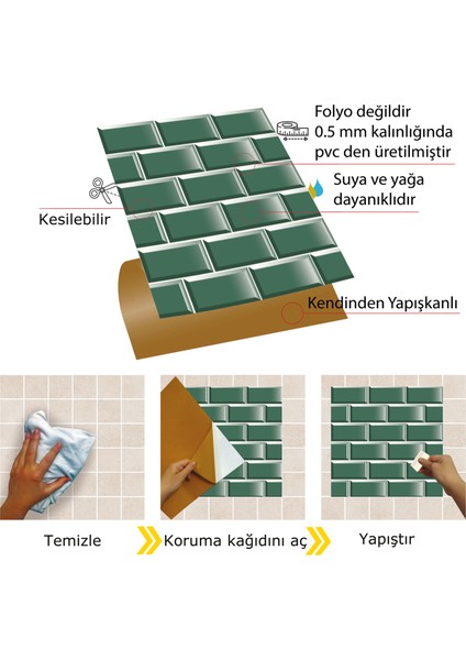 Kendinden Yapışkanlı Zümrüt Metro Desenli Pvc Karo 30X30 cm (11 Adet) 1m2
