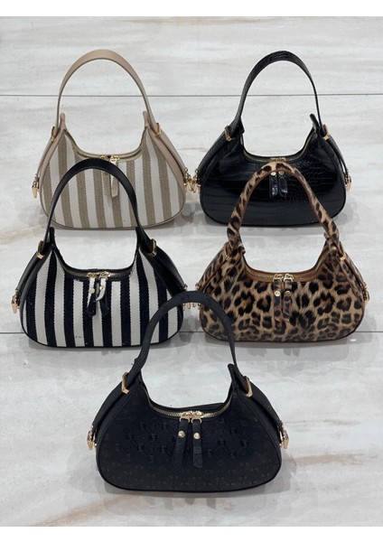 Kadın Zebra Siyah Beyaz Çizgili - Askılı Fermuarlı El, Kol ve Omuz Çantası