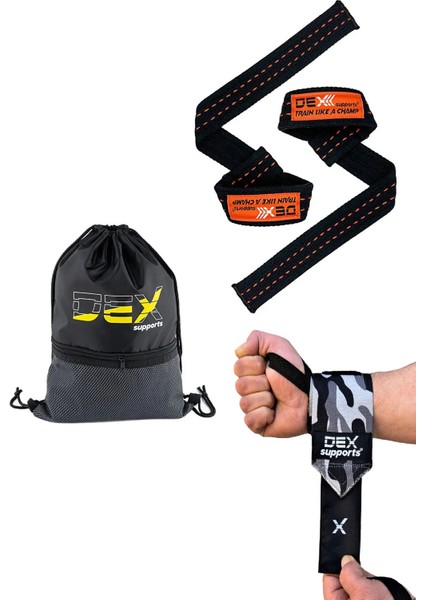 Fitness Sporcu Bilekliği Wrist Wraps Dark Kamuflaj + Ağırlık Kaldırma Kayışı Lifting Straps Turuncu + Sackpack 3'lü Paket