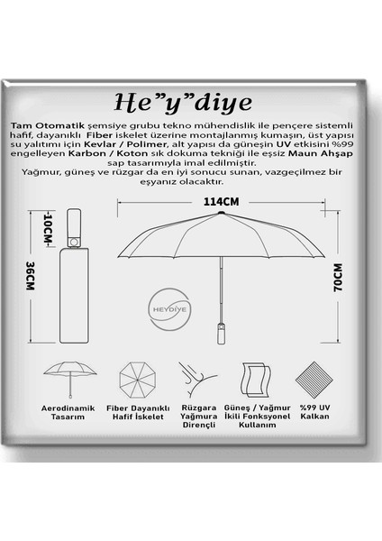 He”y”diye Tam Otomatik Maun (UDF99+ Güneş / Yağmur) Hafif Fiber Iskeletli Şemsiye