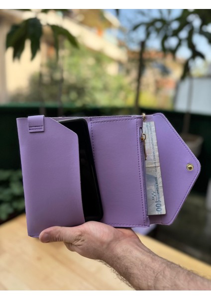 Telefon ve Kartlık Bölmeli Zarf Modeli Lila Cüzdan