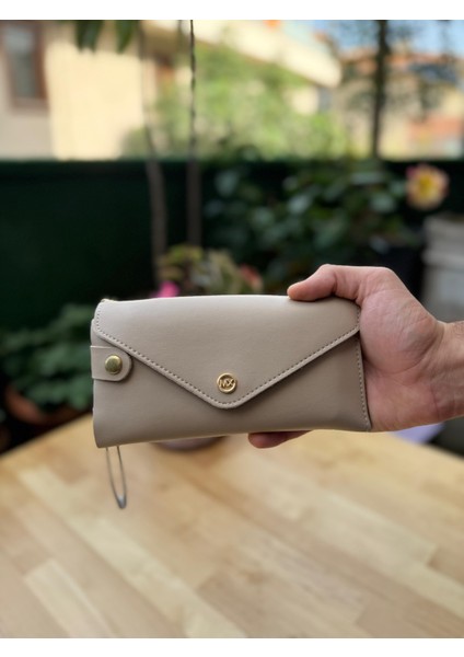 Telefon Ve Kartlık Bölmeli Zarf Modeli Krem Cüzdan