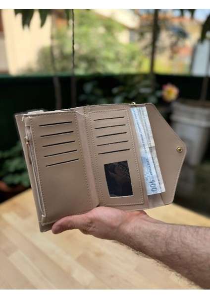 Telefon Ve Kartlık Bölmeli Zarf Modeli Krem Cüzdan