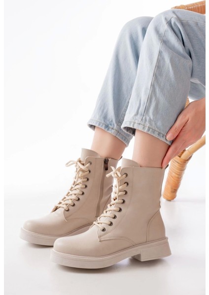 Bej Düz Topuklu Bağcıklı Fermuarlı Günlük Kadın Bot