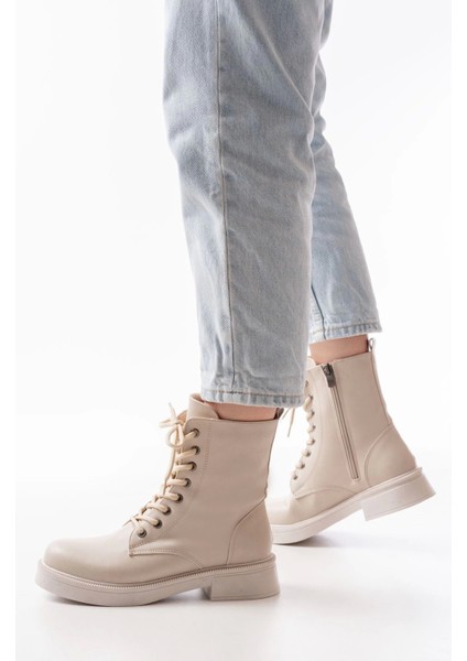 Bej Düz Topuklu Bağcıklı Fermuarlı Günlük Kadın Bot fiyatları