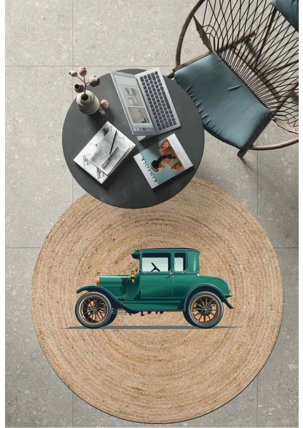 Boho 961 Eski Vintage Araba Figürlü Örgü Yuvarlak Natural Çift Taraflı Halı