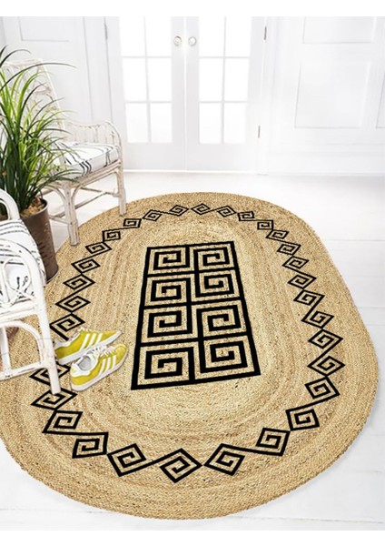 Boho 987 Jüt Hasır Etnik Desenli Oval Jüt Örme Doğal Hasır Natural Oval Halı