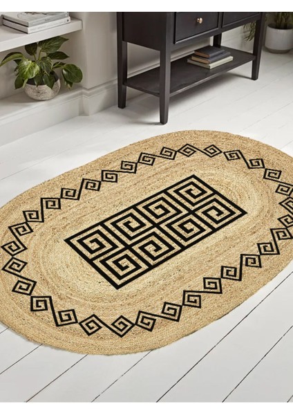 Boho 987 Jüt Hasır Etnik Desenli Oval Jüt Örme Doğal Hasır Natural Oval Halı