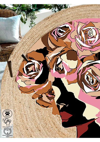 Boho 905 Jut Renkli Kadın Temalı Etnik Örgü Yuvarlak Natural Renk Çift Taraflı Halı fiyatları