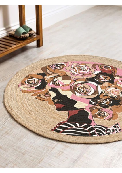 Boho 905 Jut Renkli Kadın Temalı Etnik Örgü Yuvarlak Natural Renk Çift Taraflı Halı fırsatları