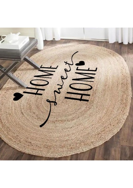Boho 945 Home Sweet Home Temalı Etnik Desenli Oval Jüt Örme Doğal Hasır Kilim Daire Halı
