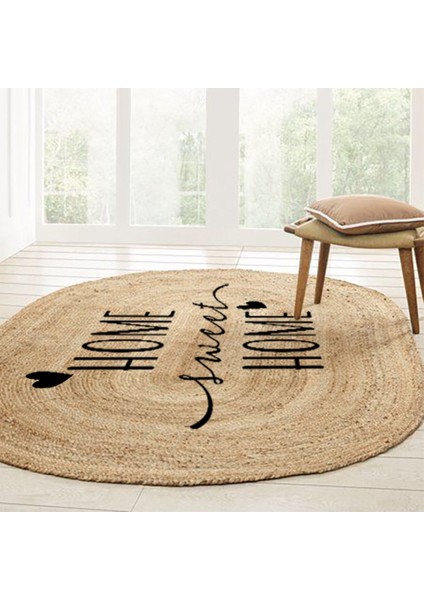 Boho 945 Home Sweet Home Temalı Etnik Desenli Oval Jüt Örme Doğal Hasır Kilim Daire Halı fiyatları