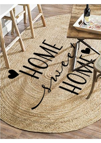 Boho 945 Home Sweet Home Temalı Etnik Desenli Oval Jüt Örme Doğal Hasır Kilim Daire Halı modelleri