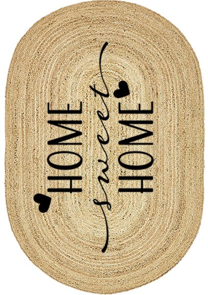 Boho 945 Home Sweet Home Temalı Etnik Desenli Oval Jüt Örme Doğal Hasır Kilim Daire Halı fırsatları