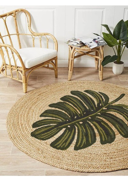 Boho 912 Yaprak Minimalist Tema Etnik Örgü Yuvarlak Natural Renk Çift Taraflı Halı