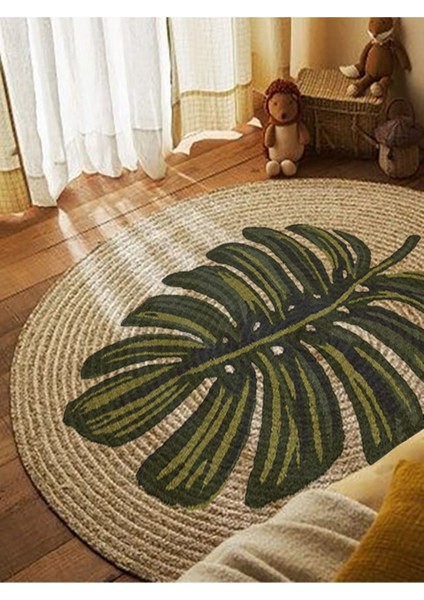 Boho 912 Yaprak Minimalist Tema Etnik Örgü Yuvarlak Natural Renk Çift Taraflı Halı modelleri