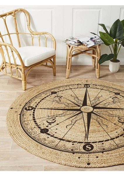 Boho 942 Pusula Tema Etnik Örgü Yuvarlak Natural Renk Çift Taraflı Halı