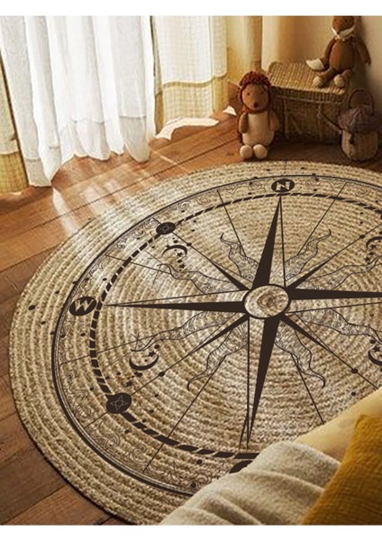 Boho 942 Pusula Tema Etnik Örgü Yuvarlak Natural Renk Çift Taraflı Halı modelleri