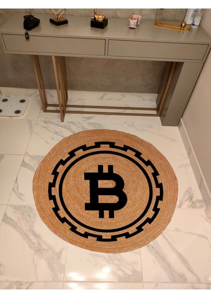 Boho 927 Jüt Doğa Iplik İle Üretilmiş Bitcoin Desenli Yuvarlak Natural Renk Çift Taraflı Halı