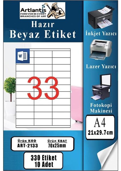 A4 Hazır Etiket 70X25 mm 10 Sayfa 1 Paket 33 Lü Kendinden Yapışkanlı Fotokopi Lazer Inkjet Kağıdı Yazıcılar Için Uyumlu