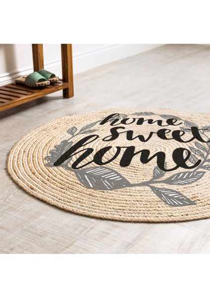 Boho 973 Home Sweet Home Temalı Etnik Desenli Yuvarlak Jüt Örme Doğal Hasır Kilim Daire Halı fiyatları