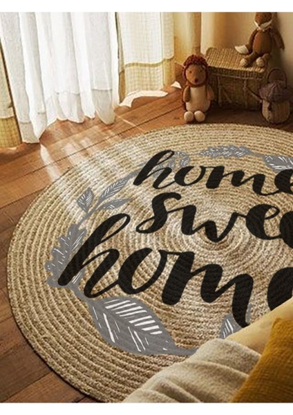 Boho 973 Home Sweet Home Temalı Etnik Desenli Yuvarlak Jüt Örme Doğal Hasır Kilim Daire Halı modelleri