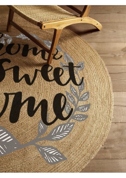 Boho 973 Home Sweet Home Temalı Etnik Desenli Yuvarlak Jüt Örme Doğal Hasır Kilim Daire Halı fırsatları