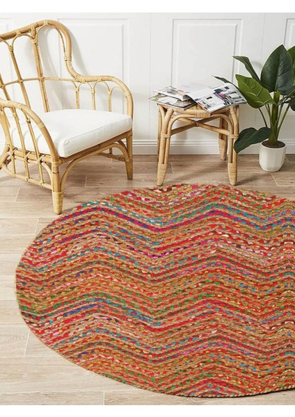 Boho 951 Multy Zigzag Desenli Jüt Rengi Örgü Yuvarlak Natural Çift Taraflı Halı