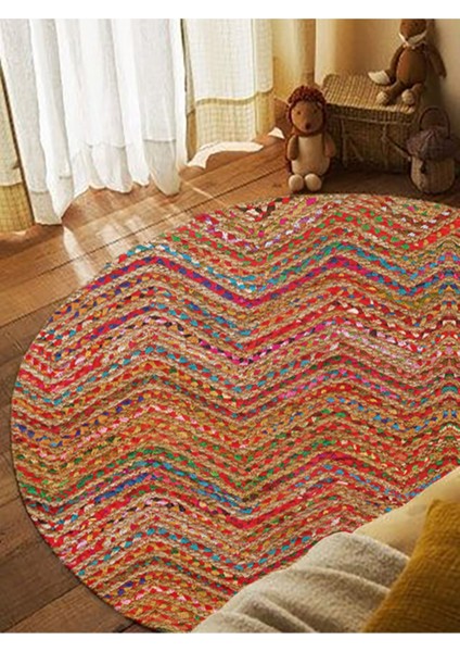 Boho 951 Multy Zigzag Desenli Jüt Rengi Örgü Yuvarlak Natural Çift Taraflı Halı modelleri