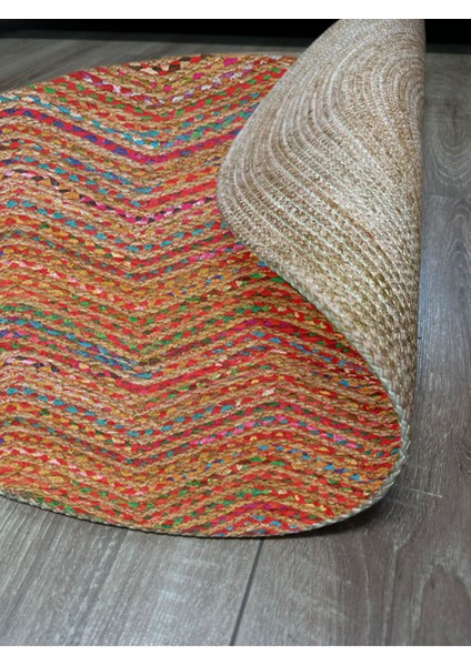 Boho 951 Multy Zigzag Desenli Jüt Rengi Örgü Yuvarlak Natural Çift Taraflı Halı indirimleri