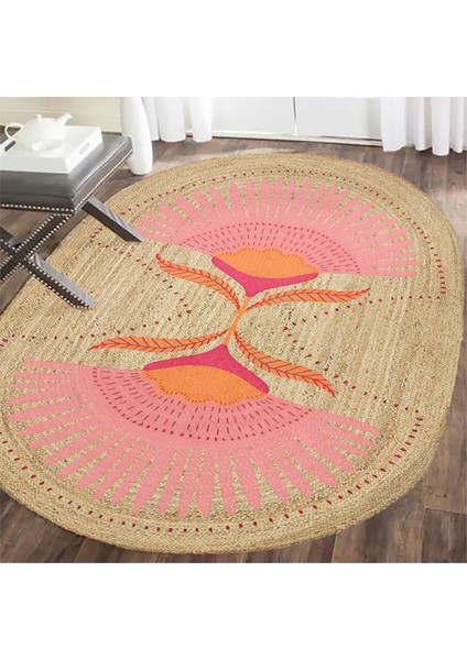 Boho 989 Jüt Hasır Etnik Desenli Oval Jüt Örme Hasır Natural Oval Halı