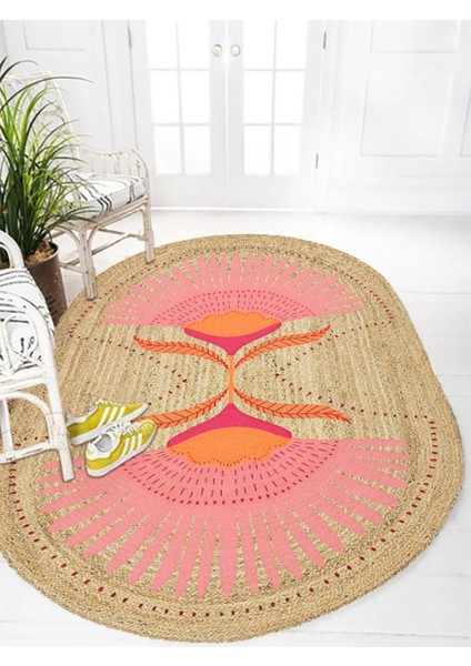 Boho 989 Jüt Hasır Etnik Desenli Oval Jüt Örme Hasır Natural Oval Halı