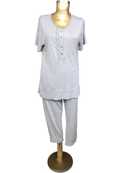 1602-PELIN Bayan Kapri Pijama Takım-Gri
