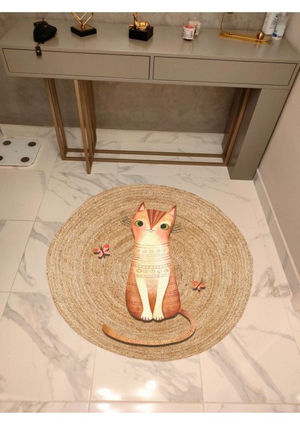 Boho 934 Jut Doğa Kedi Temalı Desenli Etnik Örgü Yuvarlak Natural Renk Çift Taraflı Halı