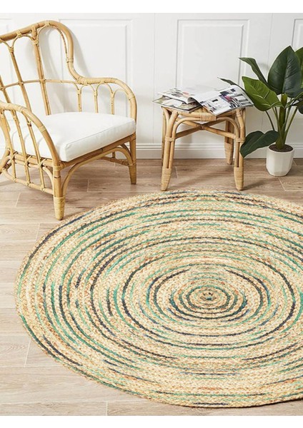 Boho 950 Jüt Rengi ve Yeşil Desenli Örgü Yuvarlak Natural Çift Taraflı Halı