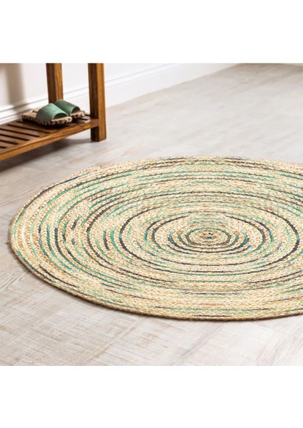 Boho 950 Jüt Rengi ve Yeşil Desenli Örgü Yuvarlak Natural Çift Taraflı Halı fiyatları