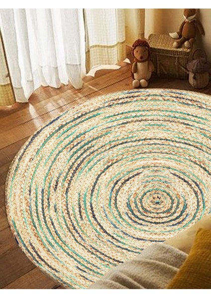 Boho 950 Jüt Rengi ve Yeşil Desenli Örgü Yuvarlak Natural Çift Taraflı Halı modelleri